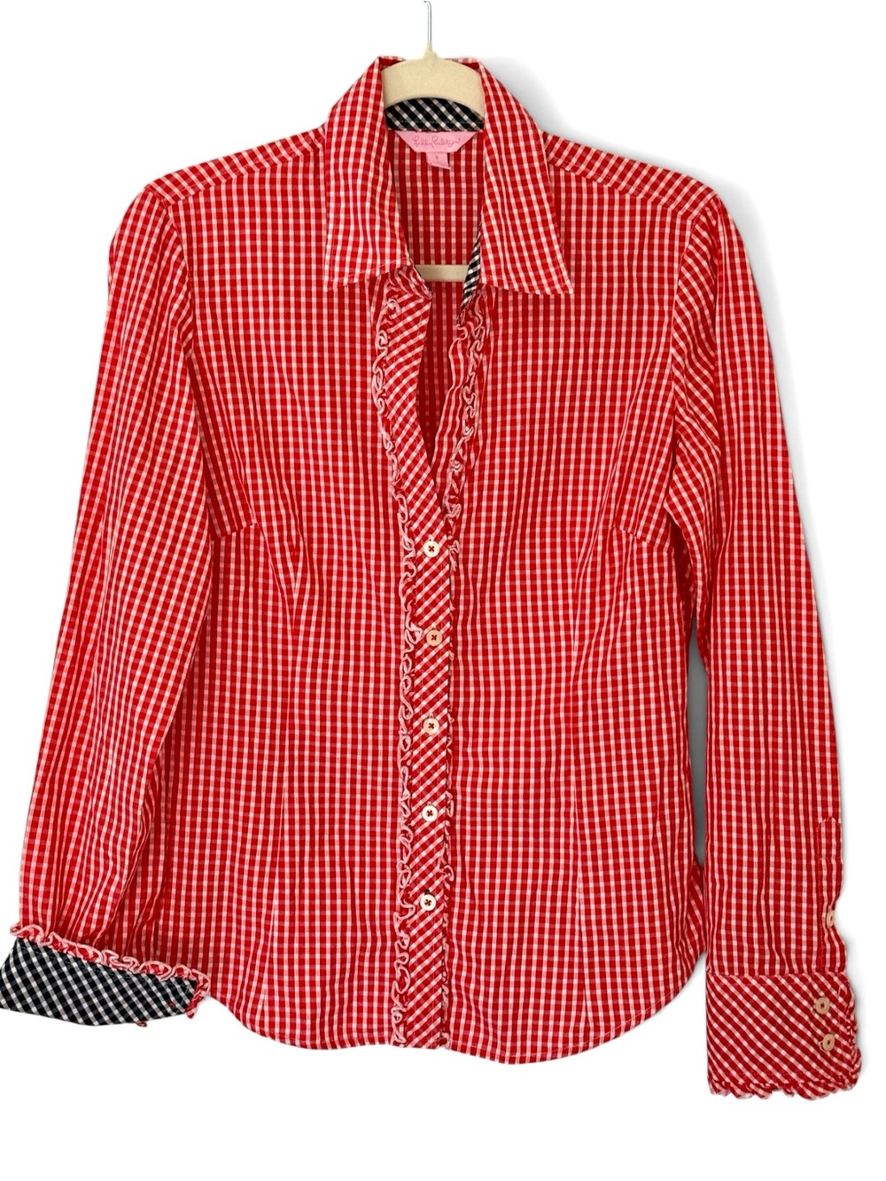 Lilly Pulitzer Red Gingham Button Down Shirt Ruffle Trim Navy Cuffs Size 8